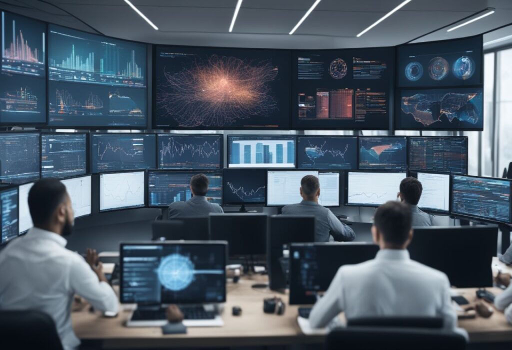 Cybersecurity team analyzing data in a high-tech security operations center with AI and machine learning visualizations on the monitors.