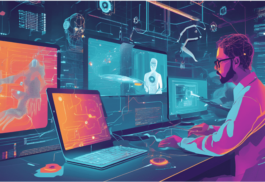 A vibrant, futuristic illustration of an ethical hacker using advanced tools and holographic screens, surrounded by symbols of automation, cloud security, connected IoT devices, and teamwork, all set against a neon green and blue color palette.