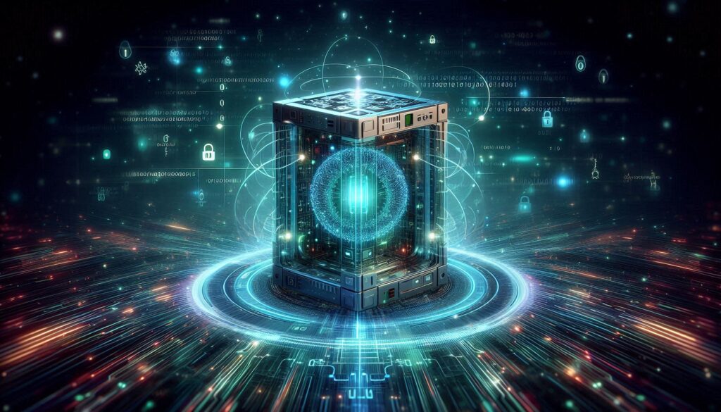 Futuristic image of a quantum computer with glowing qubits, surrounded by digital code and encryption symbols, representing the intersection of quantum computing and cybersecurity.