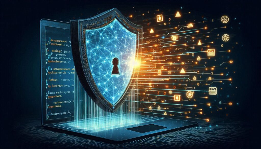 Illustration WTF depicting the concept of bypassing Web Application Firewalls (WAFs) using Cross-Site Scripting (XSS) payloads. The image shows a digital shield representing a WAF, with various code snippets symbolizing XSS payloads, some deflected and some penetrating the shield, against a backdrop of digital elements like binary code and network nodes.