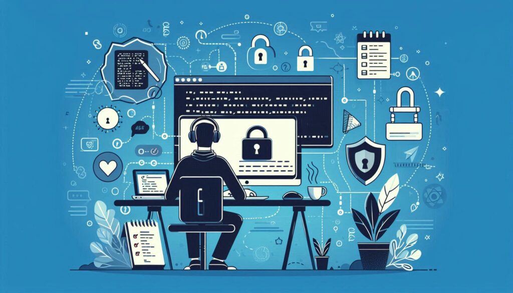 An illustration depicting ethical hacking, featuring a person at a desk with a laptop and security icons, symbolizing the fight against cyber threats.