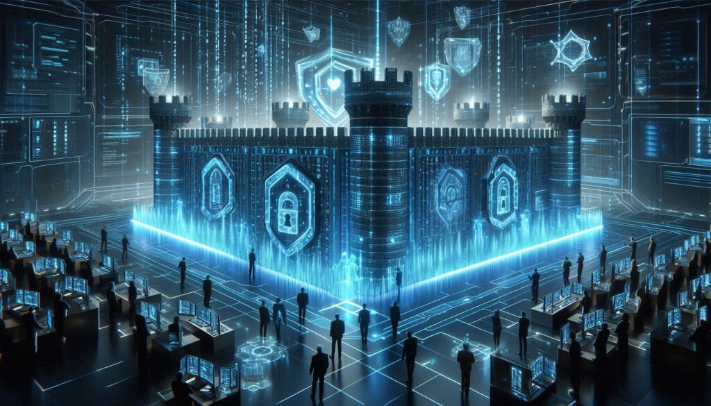 Create a visually striking "Cybersecurity Fortress" scene. Picture a massive, high-tech fortress made of glowing, digital code and interlocking security shields. The fortress is surrounded by a digital moat filled with flowing binary code, and there are large, secure data vaults visible through transparent walls. In the foreground, a team of diverse cybersecurity experts (in futuristic, sleek attire) is actively monitoring and defending the fortress. They are interacting with holographic interfaces displaying global data privacy laws (GDPR, CCPA, PIPEDA, LGPD, PIPL, DPDPA) and real-time security alerts. The team is working together to fend off virtual attacks from shadowy figures or glitchy, malicious code trying to breach the defenses. The sky above the fortress is filled with dynamic, pulsating digital shields and locks, symbolizing protection and security. The entire scene is bathed in neon blues and greens, giving it a cutting-edge, cyber vibe that conveys the high stakes and advanced nature of modern cybersecurity. This image should immediately communicate the strength and vigilance required to maintain data privacy and security.