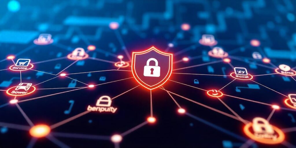 Visual representation of secure API connections with a modern web interface, showcasing interconnected services like shopping, banking, and social media with encryption symbols.