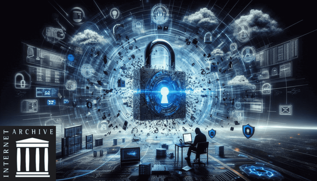 Image depicting a cybersecurity breach scenario with a broken digital padlock, various data icons, a hacker silhouette, and the Internet Archive logo surrounded by digital fragments, symbolizing the recent Internet Archive data breach.