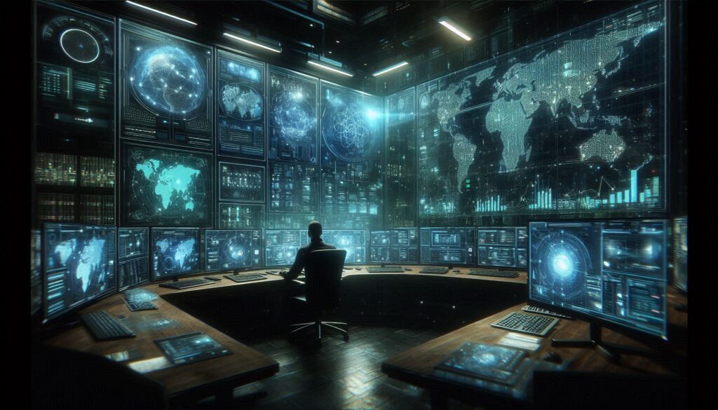 An AI-driven cybersecurity control room showcasing a professional analyzing real-time threat data on multiple screens with a futuristic ambiance.