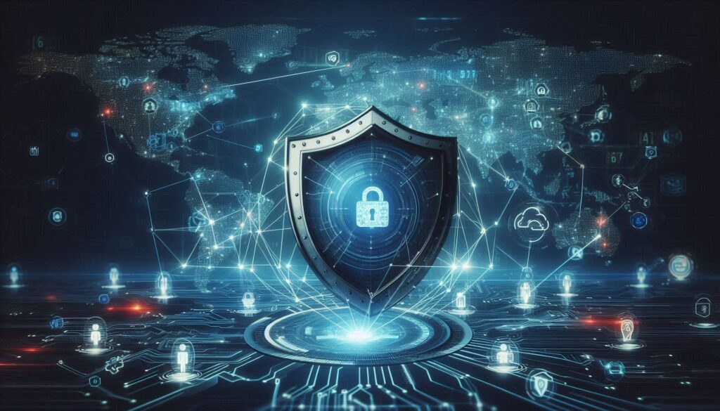 Futuristic digital security shield protecting interconnected systems with glowing nodes, representing AI-driven vulnerability management in a cyber-secure landscape.