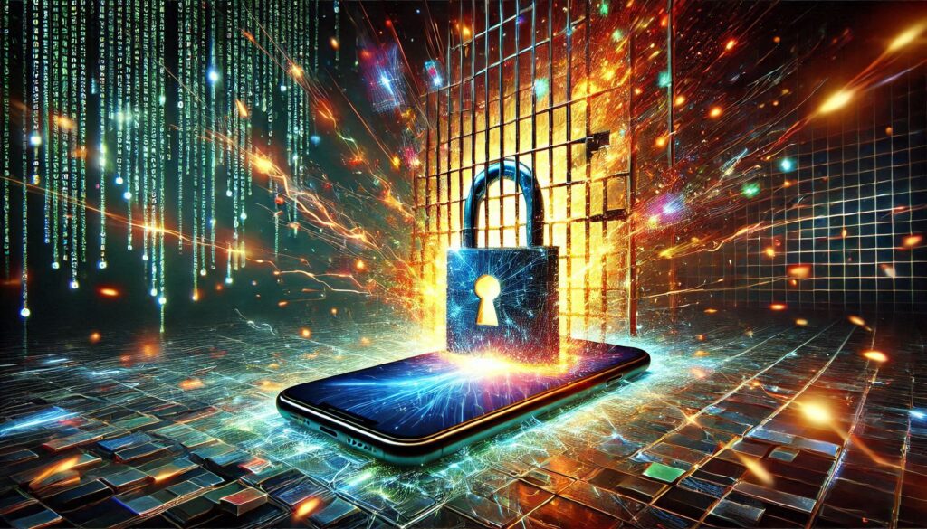 A smartphone breaking free from a digital cage, symbolizing the power of jailbreaking, with glowing sparks and shattered locks in a futuristic tech environment.