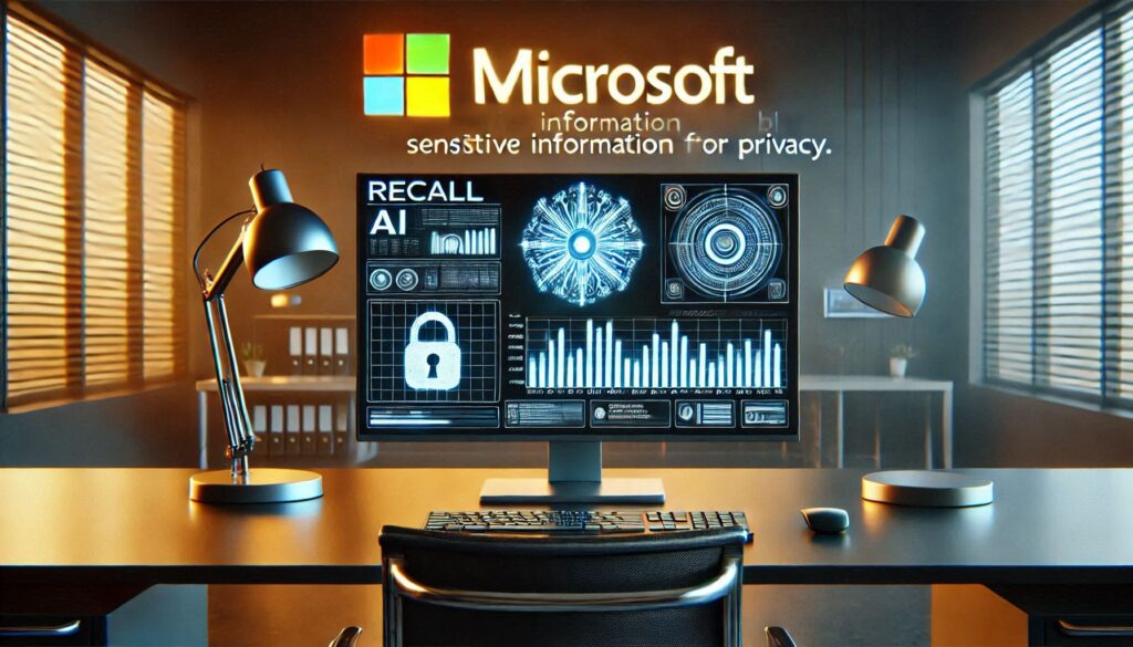 AI tool interface labeled 'Recall' on a computer screen, highlighting privacy risks with blurred sensitive data, set in a futuristic workspace with cybersecurity threats in the background.