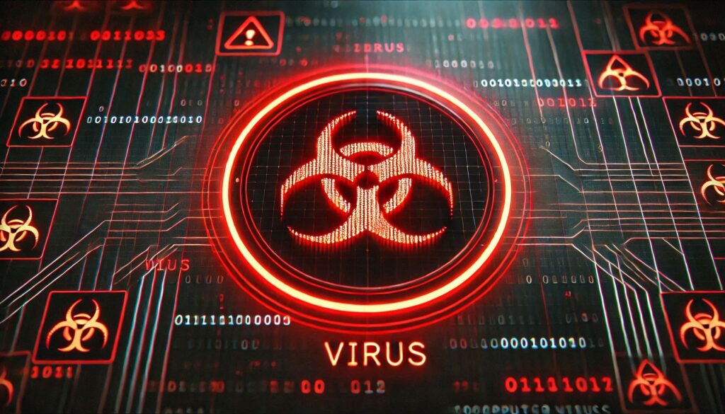 Warning symbol on a computer screen with a glowing digital virus icon, representing the threat of computer viruses.