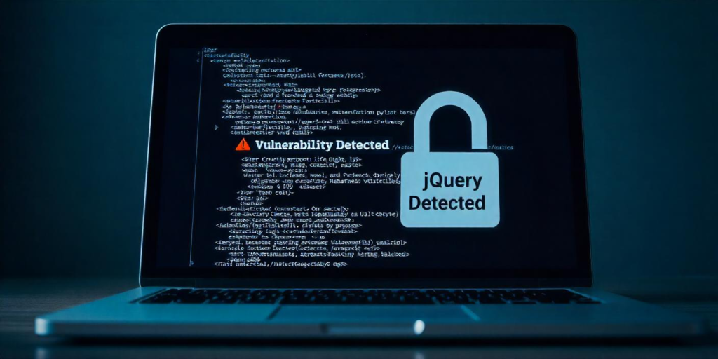 A digital padlock with the jQuery logo surrounded by floating code snippets, cracked open with a red alert symbol, representing a security vulnerability.