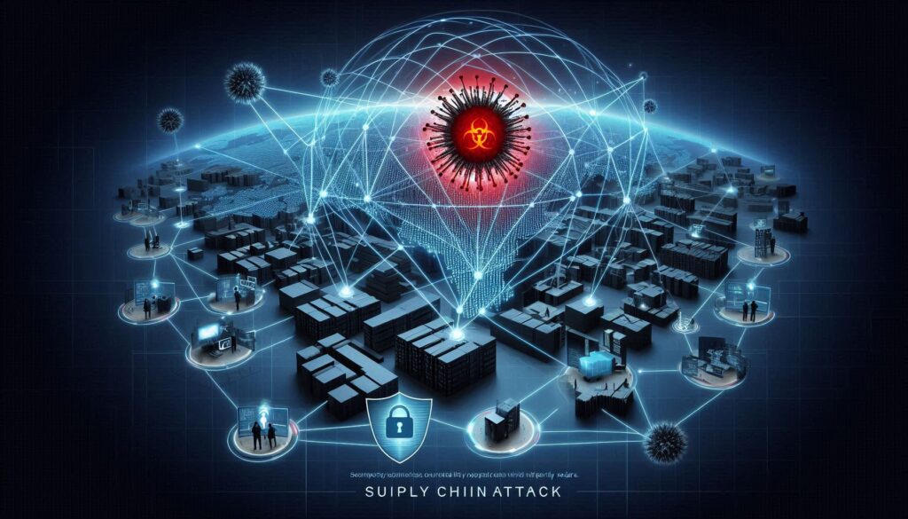 Illustration of a corporate network being compromised by a supply attack, with a red virus symbol affecting connected third-party vendors.