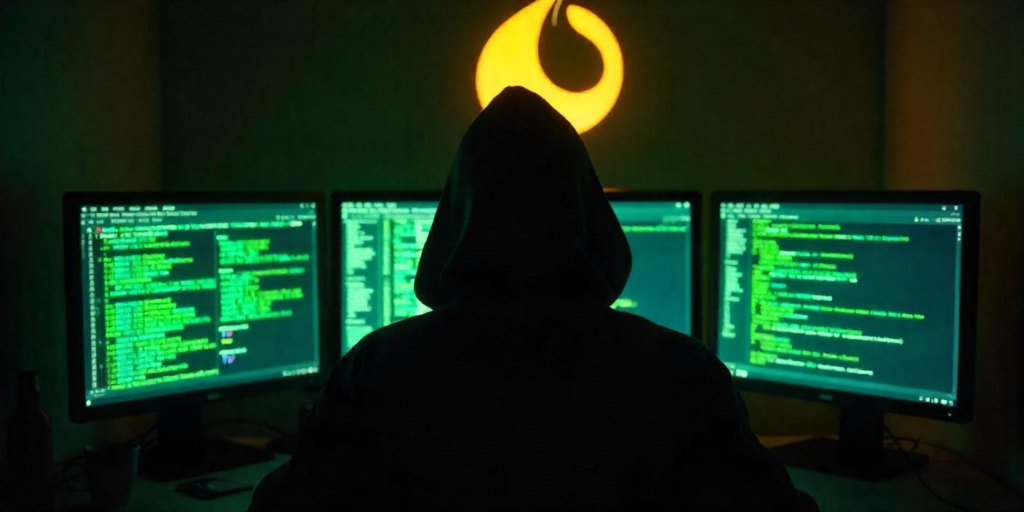 A hacker in a hoodie surrounded by multiple screens showing encrypted data and dark web marketplaces, symbolizing the hidden and dangerous world of the dark web.