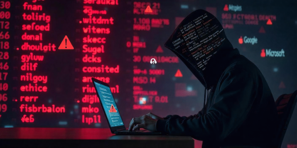 A hooded figure at a laptop in front of a dark digital wall displaying millions of leaked password and email addresses, with tech logos and warning signs.