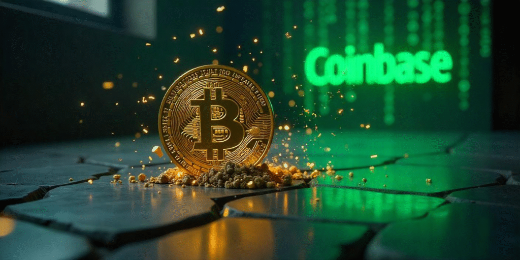 Golden Bitcoin shattering into glowing binary code fragments on a cracked metallic floor with a flickering Coinbase logo and falling Matrix-style green code in the background.
