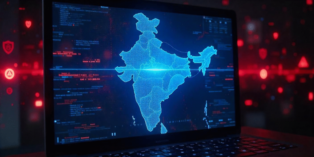 Minimalistic digital outline of India’s map on a blue futuristic screen with red glitch effects and cyberterrorism warning symbols.