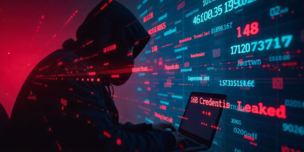 Hacker in a dark room with glowing screens displaying ‘16 Billion Credentials Leaked’, symbolizing a massive global data breach.