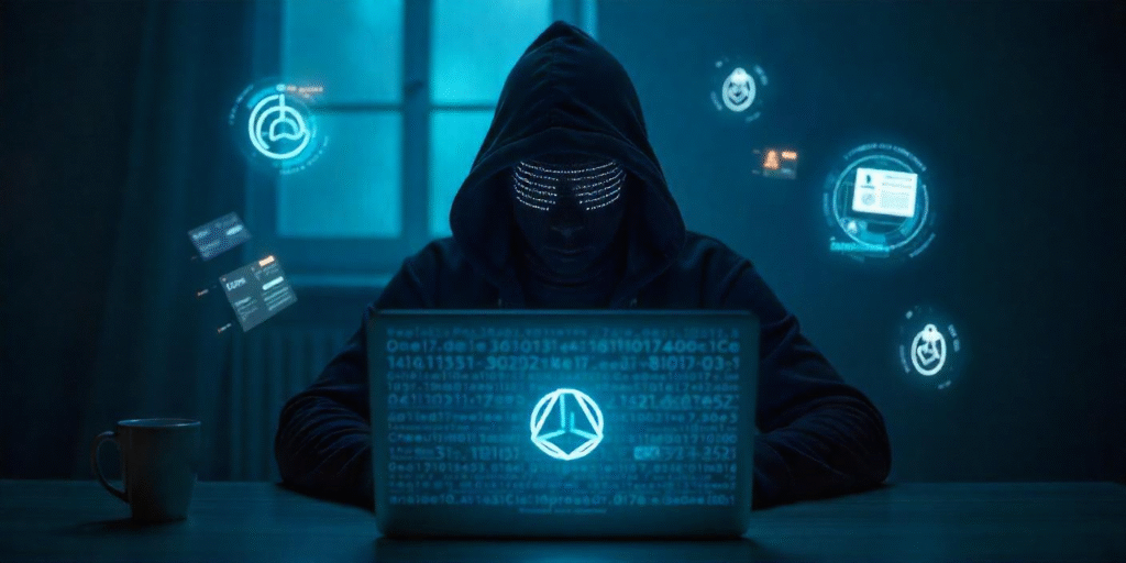Hooded figure browsing a dark web marketplace on a glowing laptop, surrounded by digital icons of stolen data and cryptocurrency.