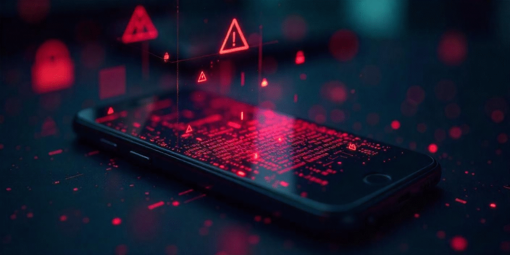 Illustration of a smartphone as a Trojan horse being manipulated by hackers, symbolizing hidden cyber threats and mobile espionage.