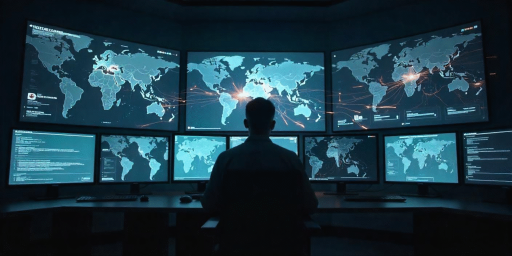 UK cyber warfare command center displaying digital maps and cyber defense operations against rising threats.