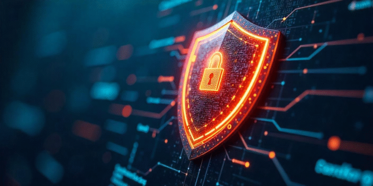 Illustration of a glowing digital shield blocking cyber threats in front of a web interface, with a futuristic tech background and binary code visuals.