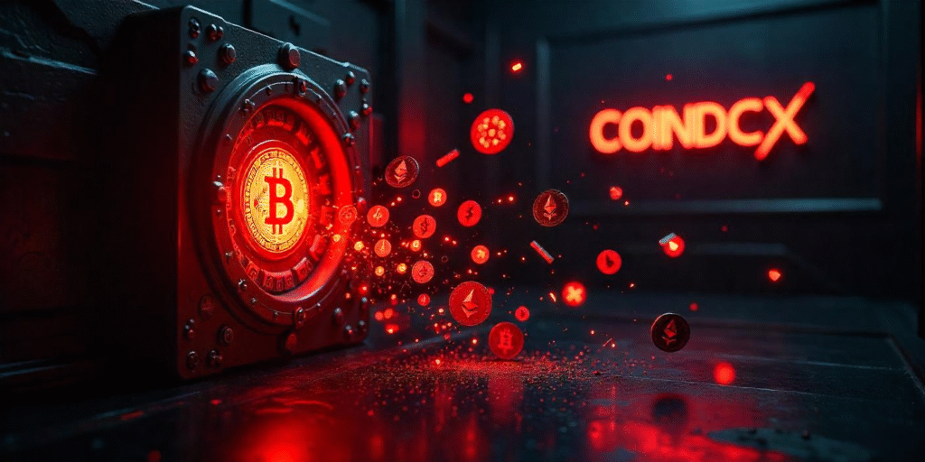 A high-tech digital vault being hacked, with glowing cryptocurrency symbols like Bitcoin and Ethereum leaking out. CoinDCX logo appears broken in the background amid flashing red security alerts.