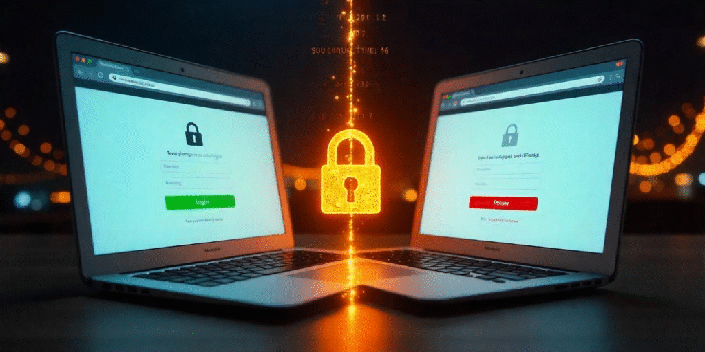 A fake phishing website mimicking a real bank login page with a red security warning, split-screen comparison showing secure vs. deceptive sites.
