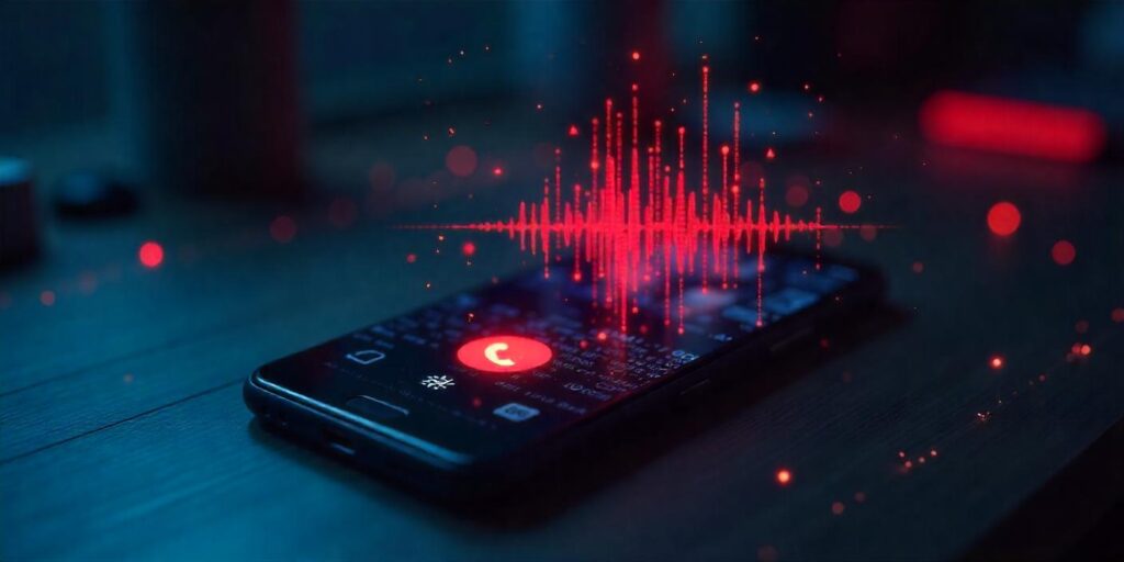 Abstract digital concept of voice cloning, showing a smartphone with an incoming call icon, surrounded by glitchy soundwaves and binary code patterns.