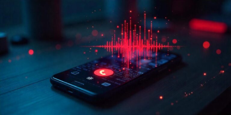 Abstract digital concept of voice cloning, showing a smartphone with an incoming call icon, surrounded by glitchy soundwaves and binary code patterns.