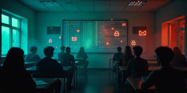 Cinematic dark classroom with student silhouettes dissolving into streams of digital code and holographic data symbols, highlighting cybersecurity risks in education.