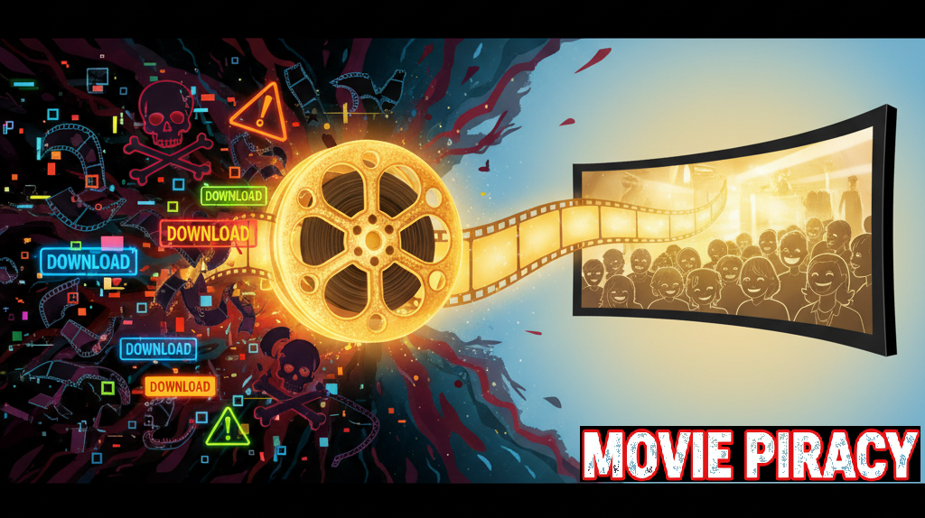 An artistic illustration of a movie reel splitting into two paths — one leading to a glowing cinema screen, the other breaking into download buttons, glitches, and pirate symbols, representing the rise of movie piracy in the digital age.