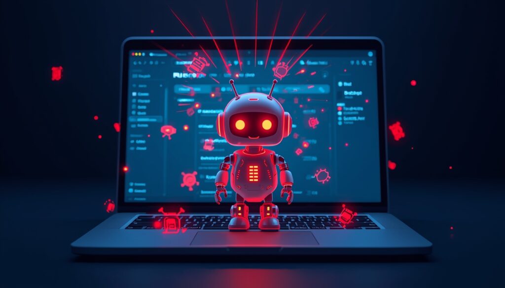 A small glowing AI assistant robot standing on a laptop keyboard, surrounded by invisible red traps and tripwires symbolizing hidden "AI agent traps" on the web.